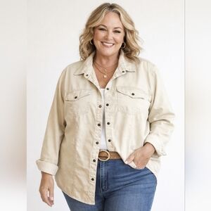 Woolrich Cream Button Snap Shirt Jacket Western Utility Top Plus Size 2X Stretch